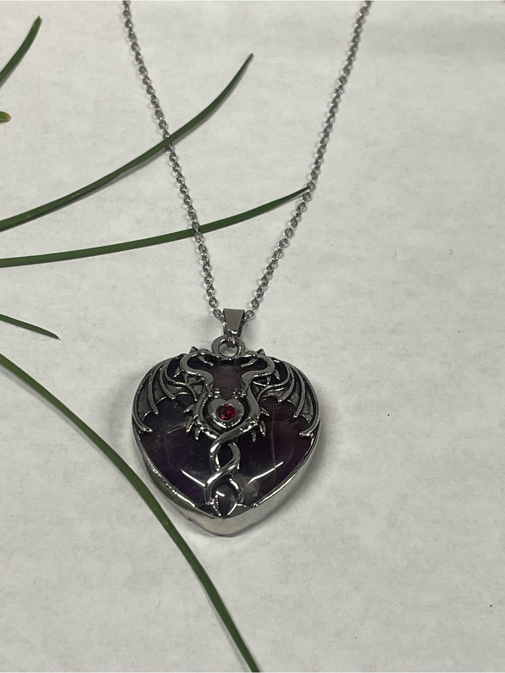 Heart Pendant Necklace with Purple Stone and Red Accent